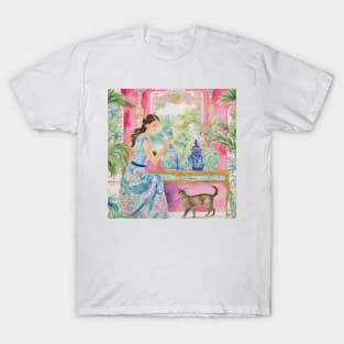 Girl in preppy dress and her cat in chinoiserie interior T-Shirt